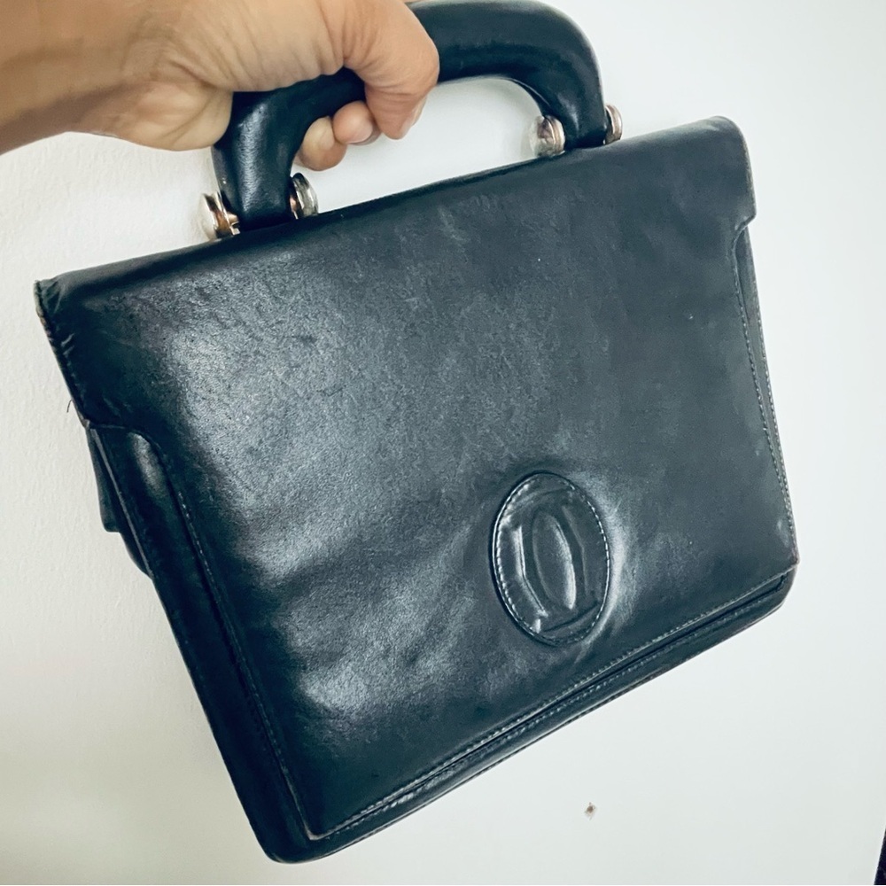 CARTIER BLACK LEATHER VINTAGE TOTE BAG GOLD TONE HARDWARE